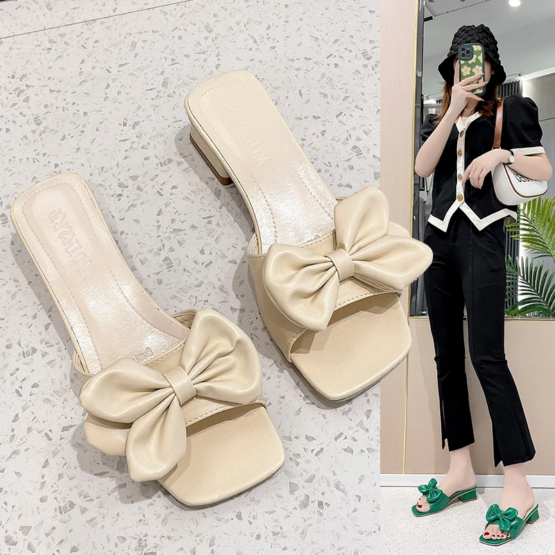 New Summer Slippers Low Heels Slides Female Peep Toe Square Heel bow Sandals Women Big Flip Flops  Flip Flops