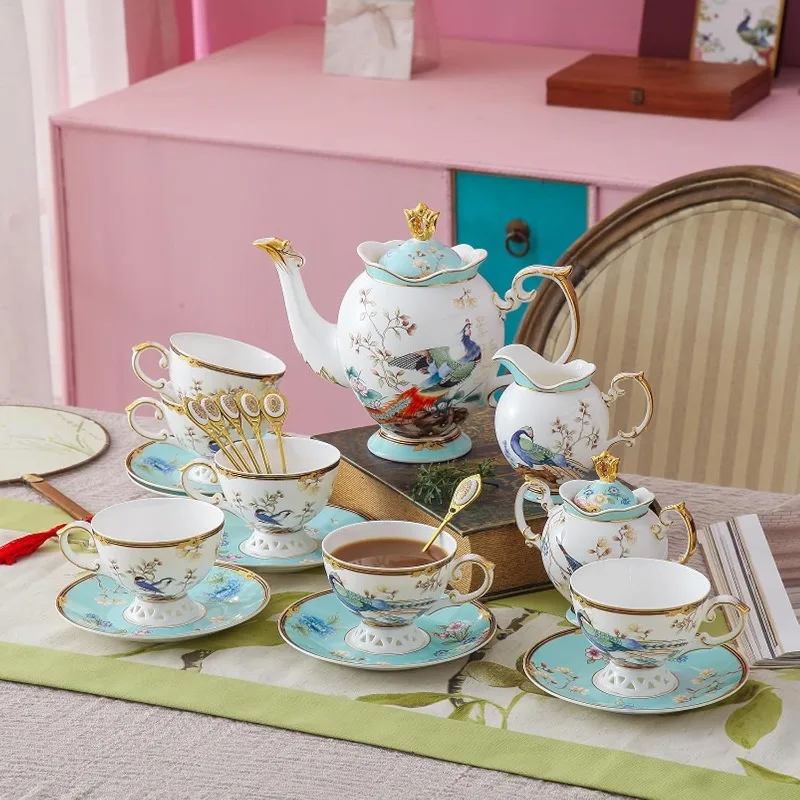 Bone China Tea Set for Adults Blue Fine Bone China Tea Set for 6, 21-Piece Vintage Chinese Tea Set