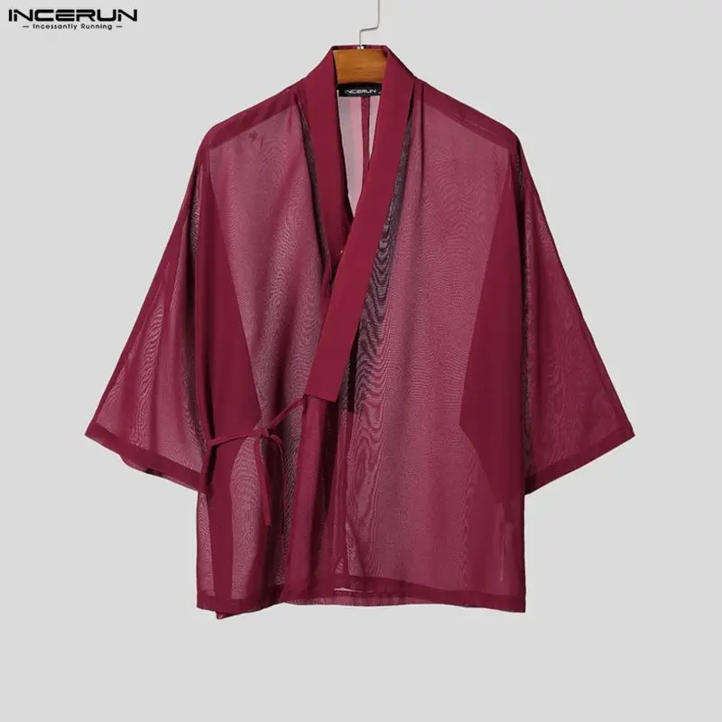 INCERUN Men's Shirt Cardigan Solid See Through V Neck 3/4 Sleeve Men Clothes Streetwear Loose Lace Up 2026 Tops Shirts For Man