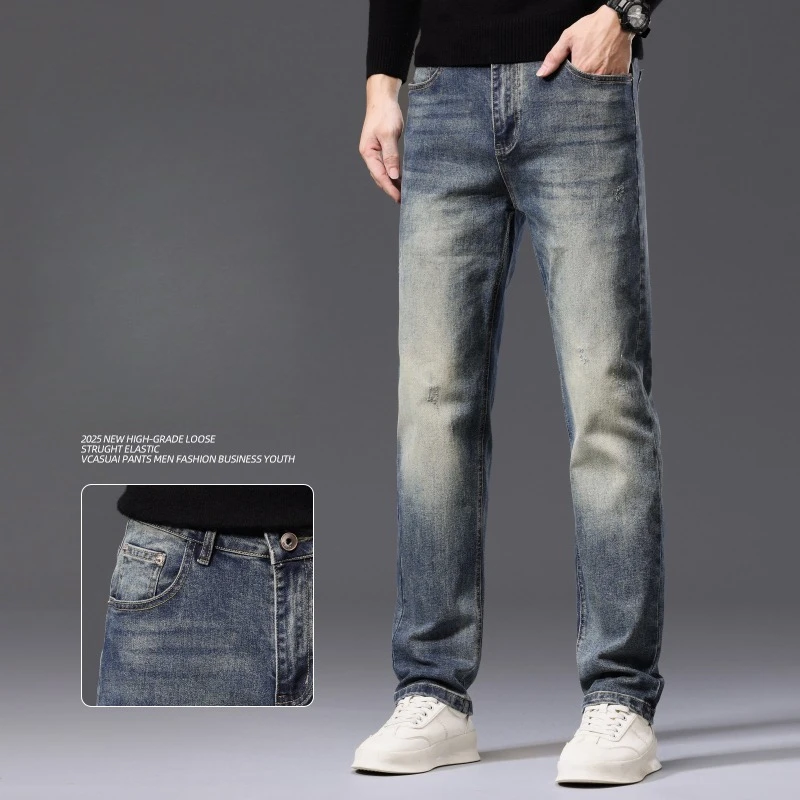 

2025 Autumn Winter New High-Quality Men's Business Casual Comfortable Jeans, Commuter Blue Slim Straight Long Pants