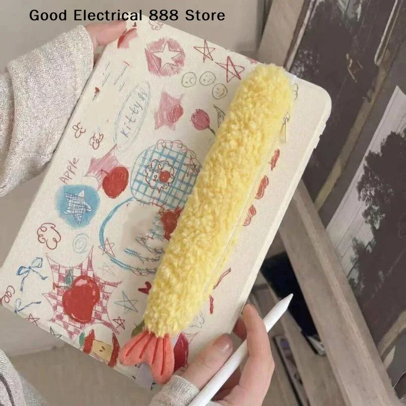 【G】1Pcs Cute Fried Shrimp Tail Ribbon Pen Case, Single-layer Portable Stationery Organizer With INS Style Fleece, Student School