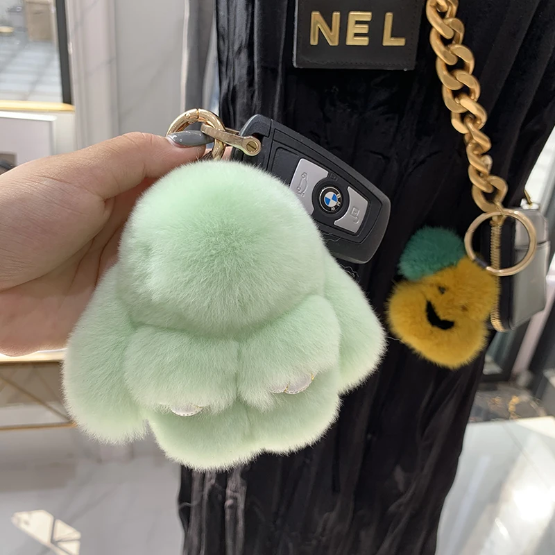 100% Natural Rex Rabbit Fur Cute Fluffy Bunny Keychain Real Fur Key Chains Bag Toys Doll Lovely Keyring Pendant