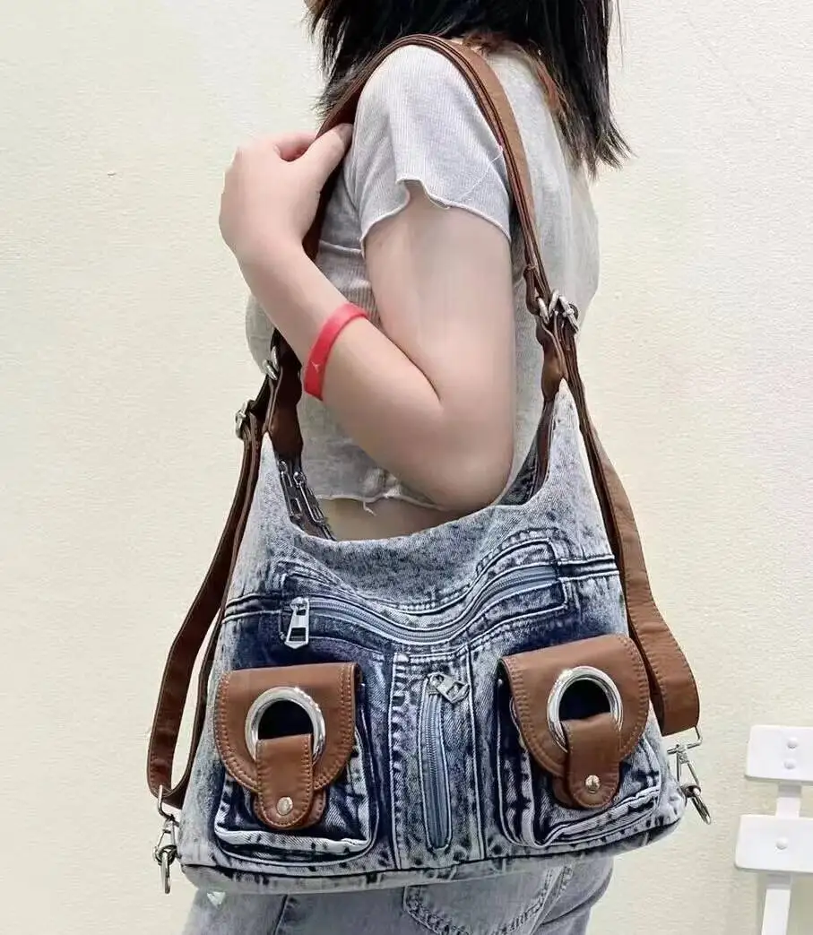 Bloom Punk Denim Y2k Bag Women 2023 High Street Pockets Chic Vintage Backpack Ladies Haruku Casual Messenger Bags Versatile