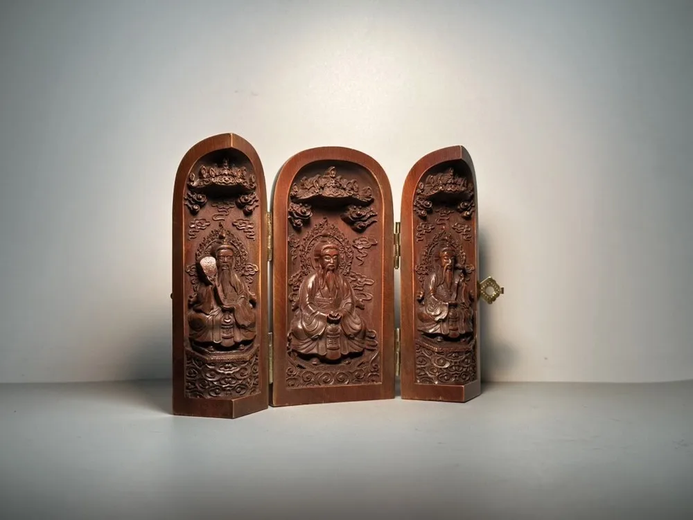 Antique Wooden Carving Feng Shui Three Open Box Taoist Sanqing Saints Collect