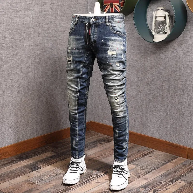 Y2K Italian fashion new men's jeans washed retro elastic slim fit washed blue jeans designer pants