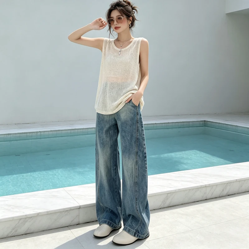 New Women American Vintage Washed Wide Leg Jeans High Waist Draped Floor Loose Hide Fat Casual Pants
