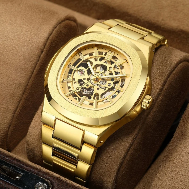 Men's Automatic Mechanical Watch Gold Unique Skeleton Dial Luxury Business Style Stainless Steel Strap Top Watches for Men