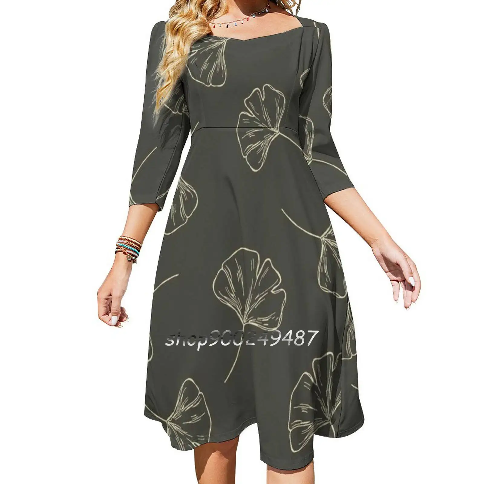 Ginkgo Leaf Sweetheart Knot Flared Dress Fashion Design Large Size Loose Dress Ginkgo Biloba Ginkgo Gingko Ginkgo Biloba Leaf