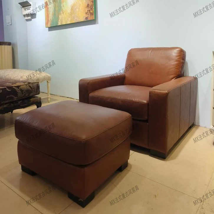 American Classic Oil-Wax Leather Sofa Chair, Vintage Style Cigar Bar Leisure Sofa, Mid-Century Whiskey Single Sofa