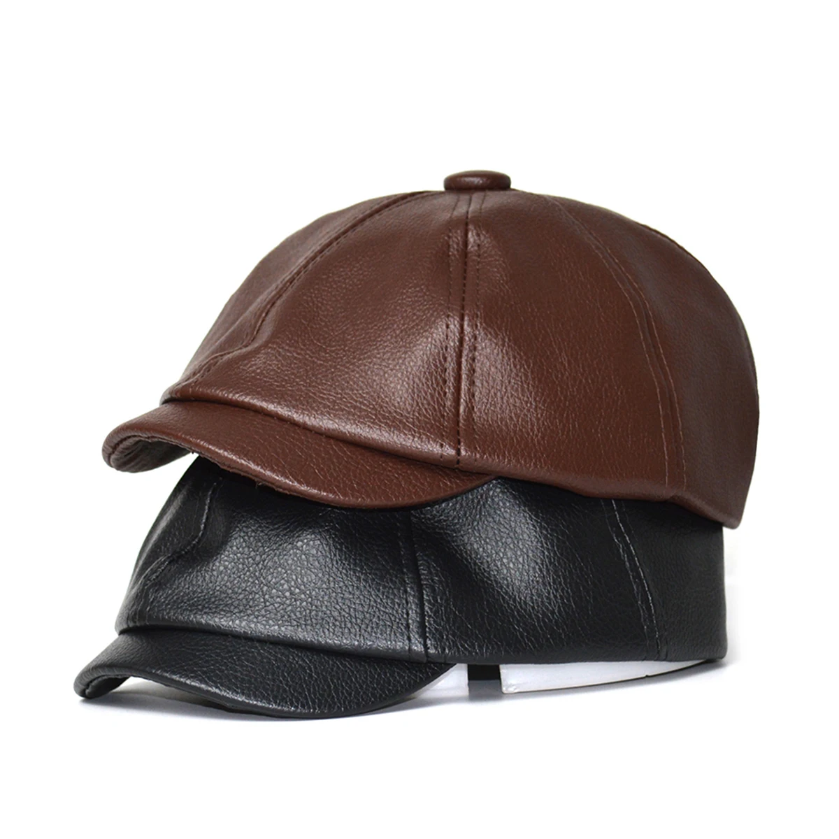 

Retro Octagonal Genuine Leather Hat Winter Men's Cowhide Leather Beret Elegant Fashion Student Tongue Cap Snapback Caps For Men