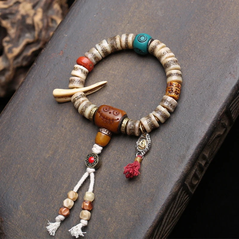 Vintage Yak Bone Men'S Bracelet With Side-Hanging Beads And Gahu Box