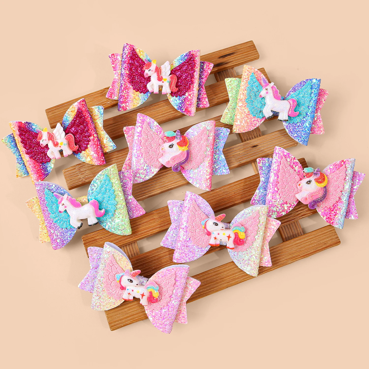

2/8 шт. красочные блестящие заколки с луком и розовым единорогом для девочек, милые модные радужные заколки для волос для детей, аксессуары для волос