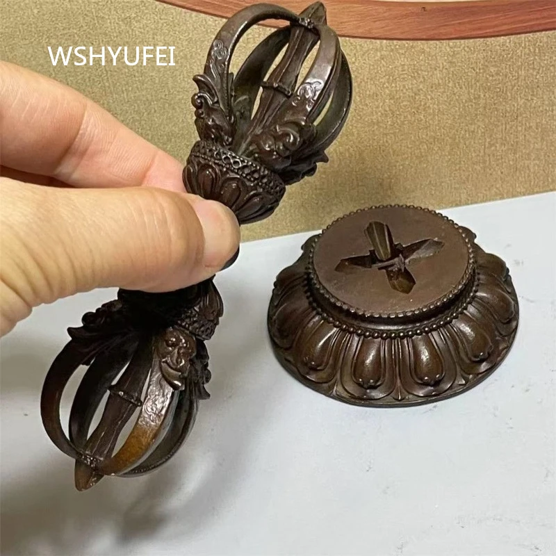 Auténtico Cetro Ritual Tibetano de Cinco Brazos, Estatua de Vajra Dorje de Latón Puro con Base, Implementos Budistas de Dharma, Decoración para el Hogar