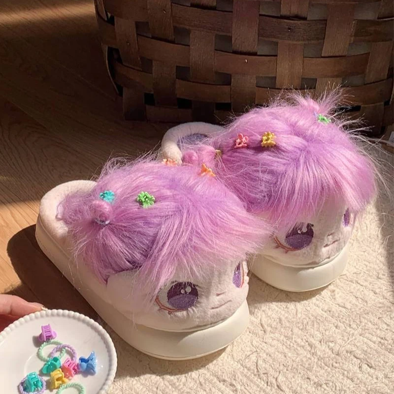 Winter Comfortable Plush Warm Women's Cotton Slippers Cute Big Eyes Y2K Girls Fashion Slippers Doll Decoration Women's Shoes view 3