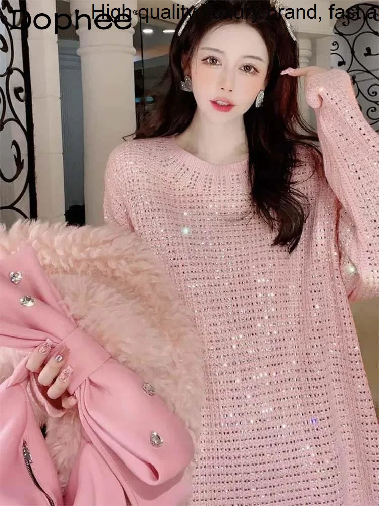 Embroidery Hot Heavy Drilling Shiny Sweater Coat for Women 2023 New Winter Loose Gentle Sweet Cute Pink Mid-Length Knitted Dress