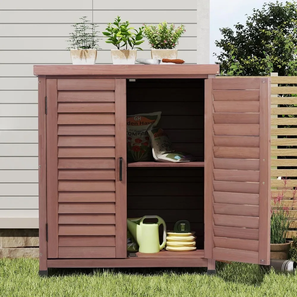 Outdoor Storage Cabinet & Potting Bench Table with Metal Top, Wooden Patio Furniture, Garden Workstation (Dark Brown, 36x31x17in