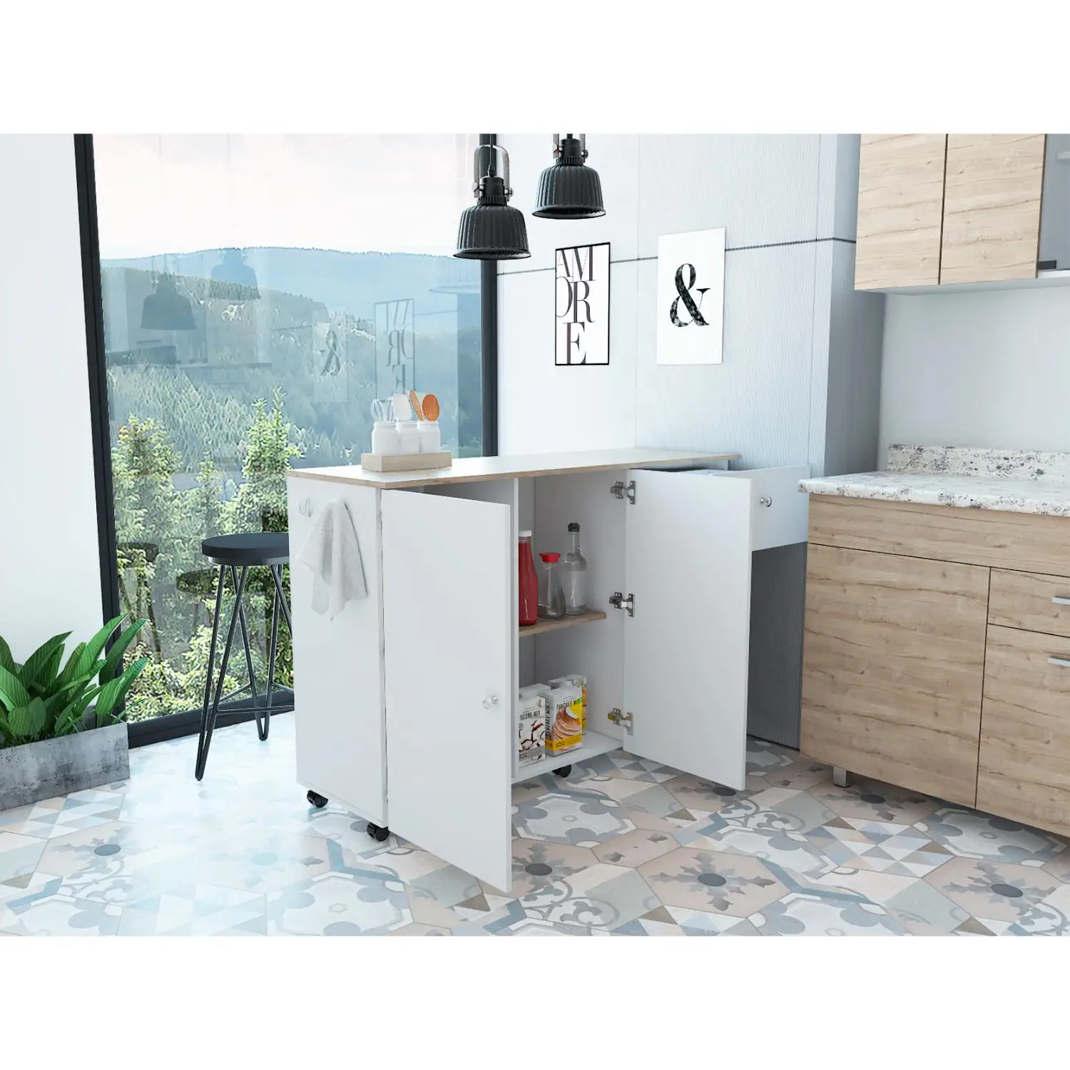 Kitchen Island Cart Victoria, Four Interior Shelves, Six Carters, One Drawer, Double Door Cabinet White / Light Oak