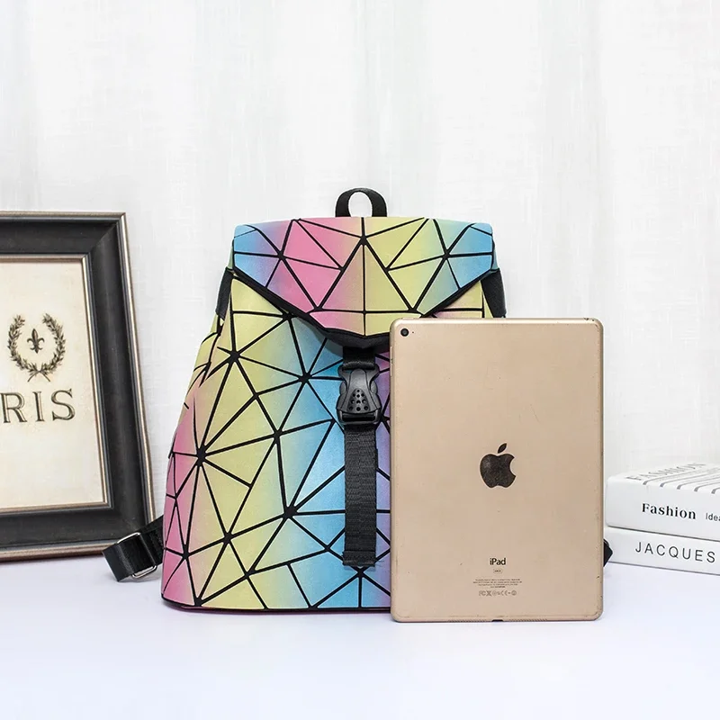 2024 Women Laser Backpack For Teenage Girls Drawstring Backpacks Folding Geometry School Backpack Holograph School Bags Mochila