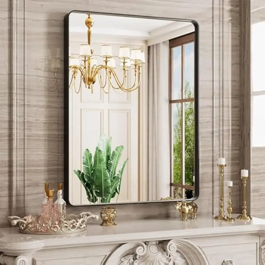 

24x32 Inch Black Rectangle Bathroom Mirror with Metal Frame, Anti-Fog Coating for Vanity, Bedroom, Living Room