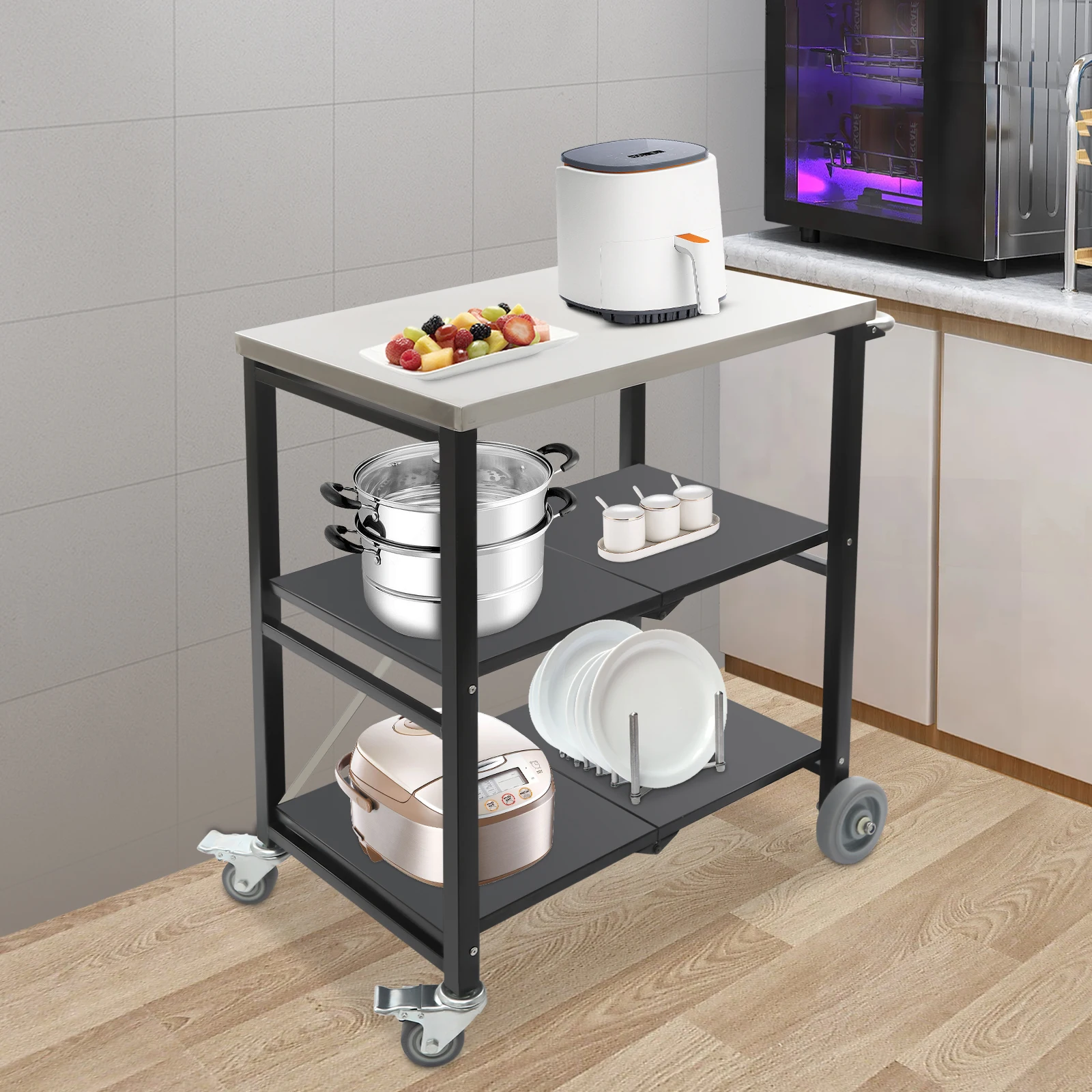 3 Tiers Foldable Outdoor Cart Foldable Cart 200kg Load Capacity Used to Place Microwave Ovens/Potted Plants/Tableware
