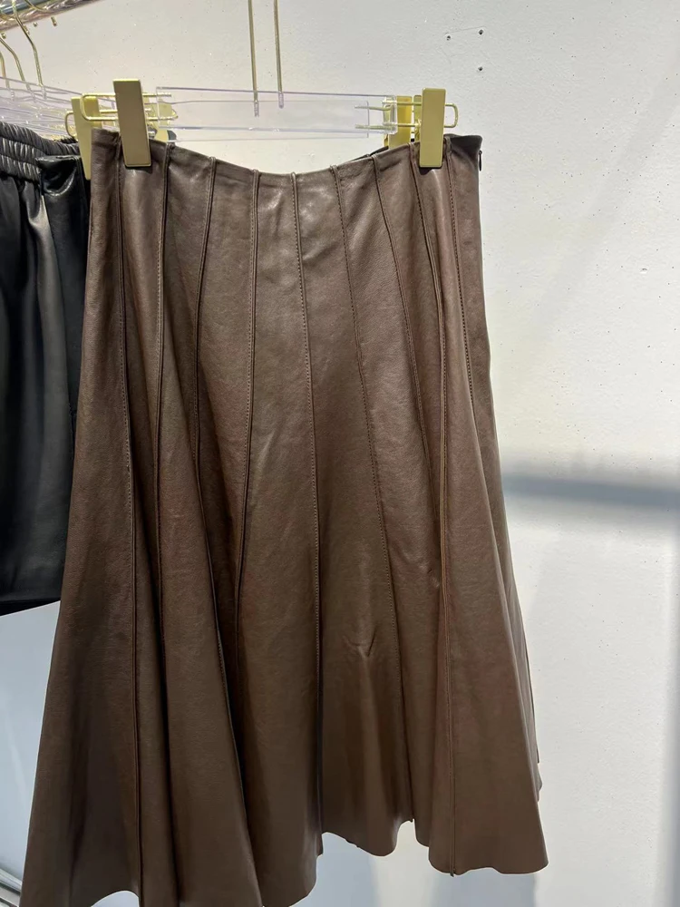 Autumn Winter Women Pleated Leather Skirt 2024 Korean Street Real Sheepskin No Waist Large Mem Long Jupe Vegetable Tanned Saia