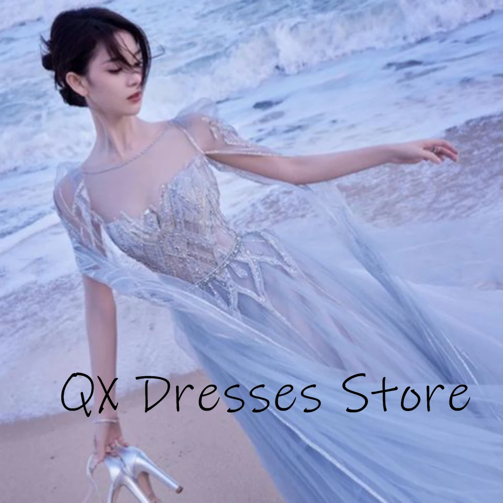 فساتين سهرة Yipeisha بسيطة من التول باللون الأزرق السماوي مع زينة مطرزة بالخرز مثيرة بدون ظهر بطول الأرض وحفلات رسمية Pr