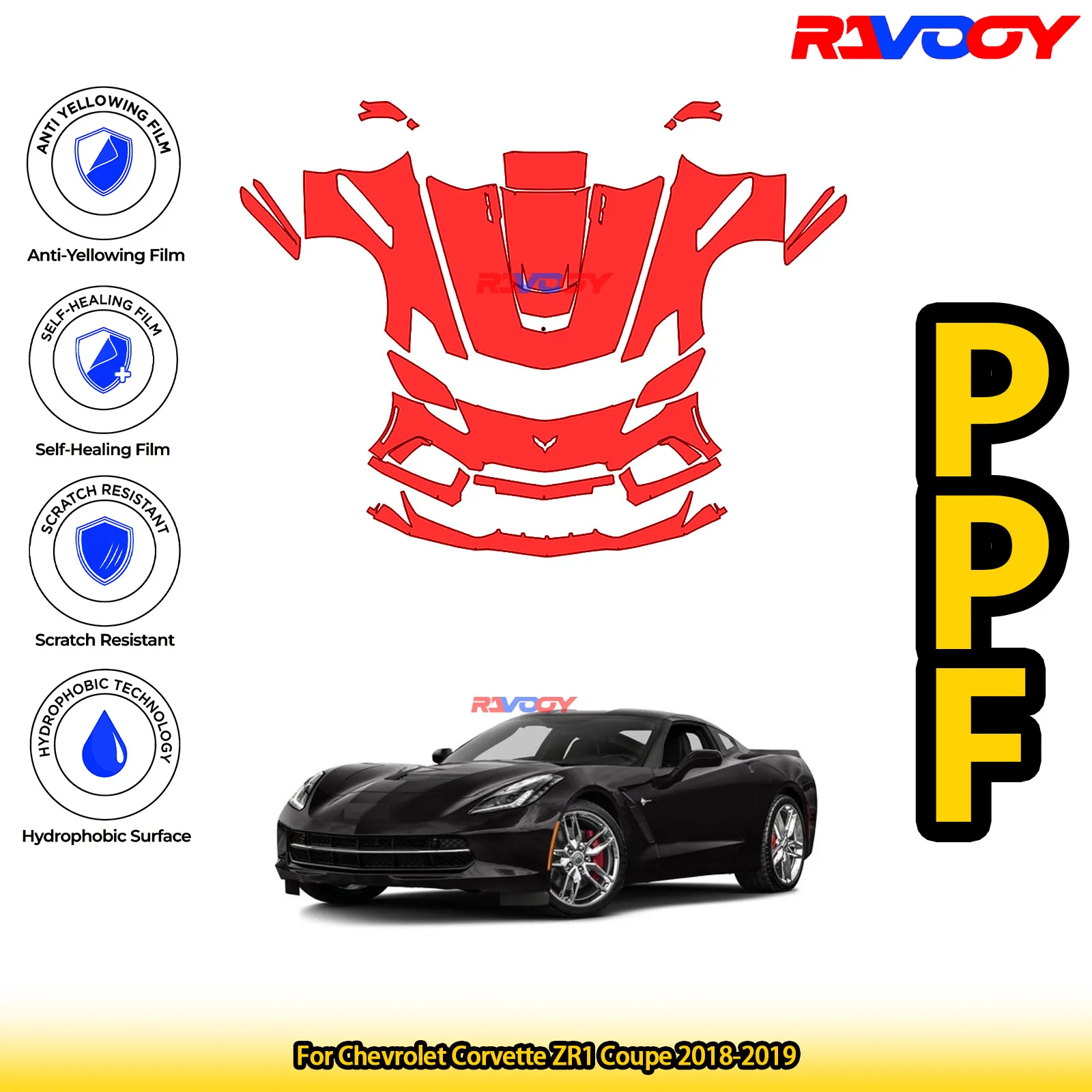 

For Chevrolet Corvette ZR1 Coupe 2018-2019 Glossy Matte Black Precut front PPF Kit Paint Protection Film