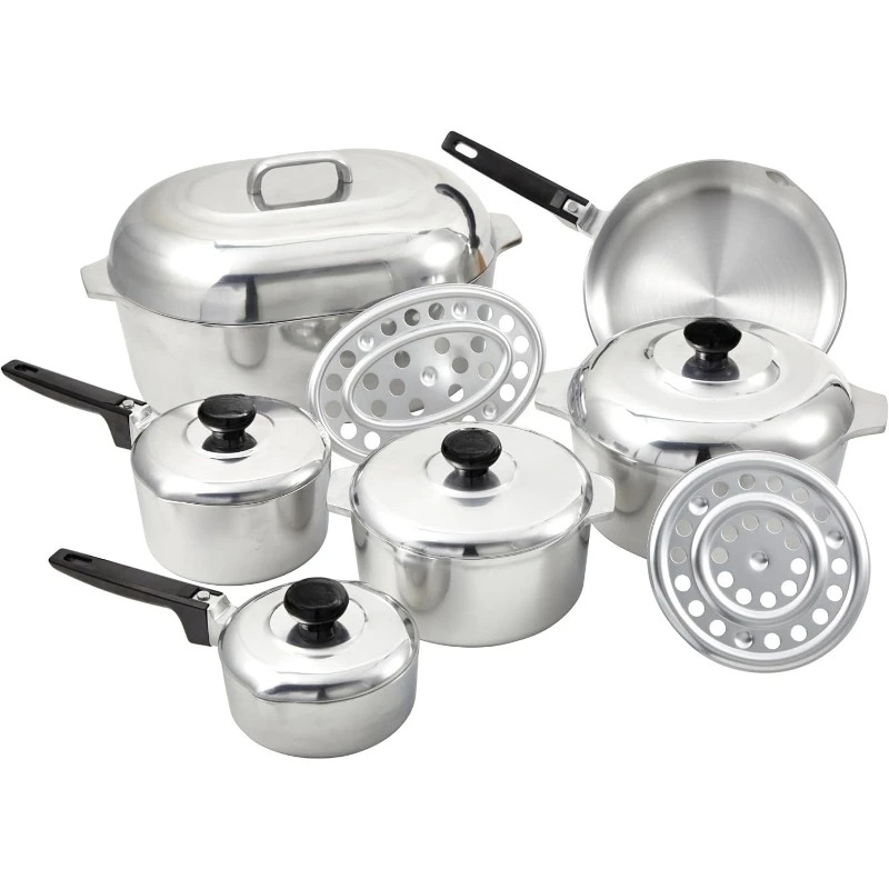 

Heavy Duty 13-Piece Cast Aluminum Cajun Cookware Set, Heats Quickly and Evenly Bakelite Handle and Knob Mirror Polished Exterior