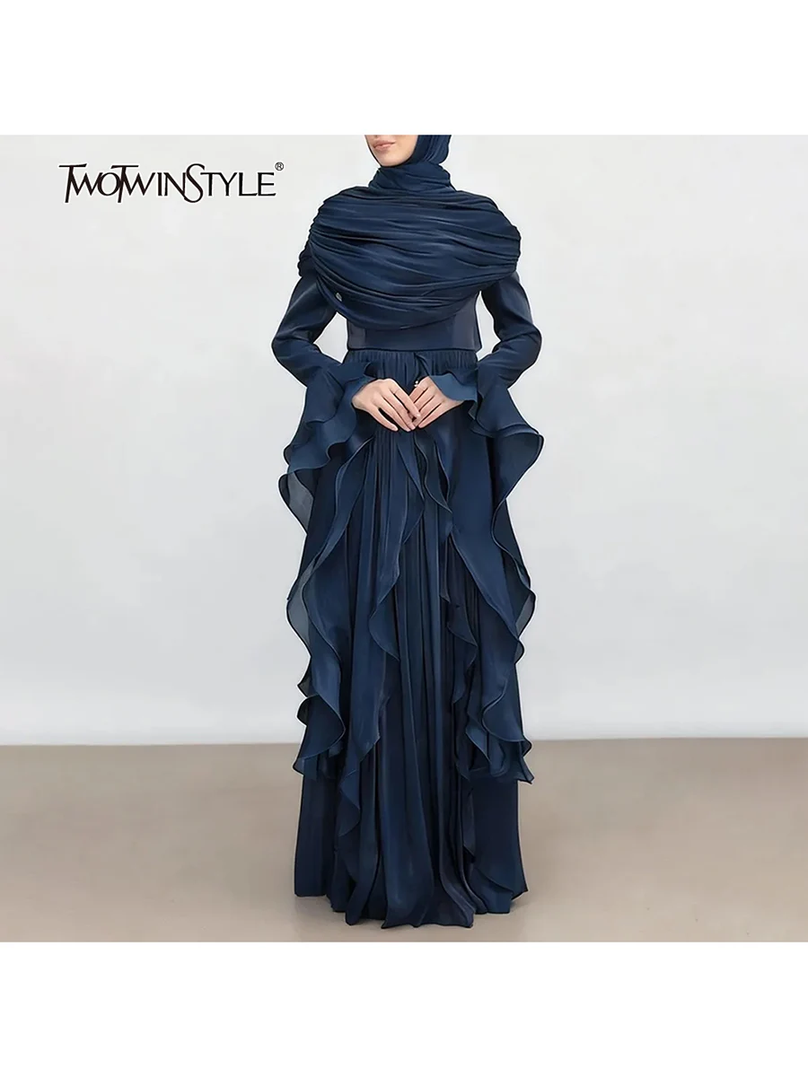 

TWOTWINSTYLE Solid Spliced Ruffles Temperament Dresses for Women High Neck Long Sleeves High Waist Patchwork Folds Dress Female