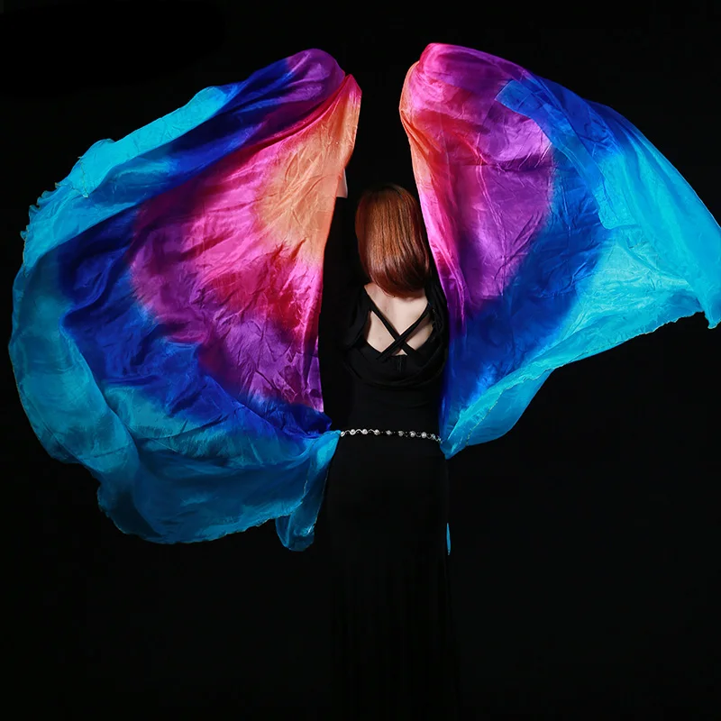 2 Pieces 100% Silk Belly Dance Gradient Color Shawl Veil 260x110cm Belly Dance Colorful Silk Veils Semicircle Scarf Shawl Veil