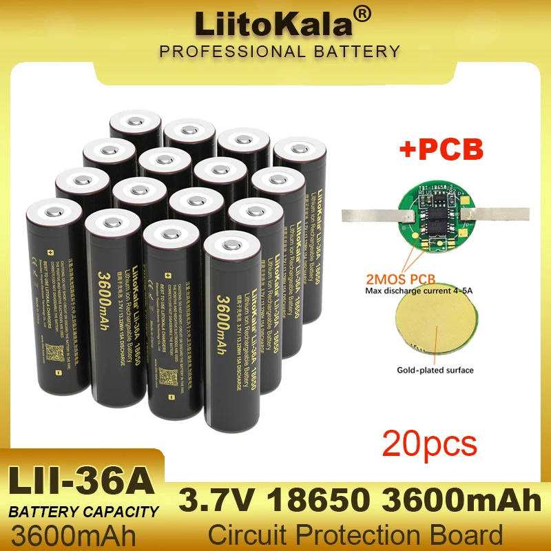 Оригинальная литиевая аккумуляторная батарея LiitoKala LII-36A 3600 мАч 18650 3,7 В с защитной платой печатной платы для аккумуляторов фонариков