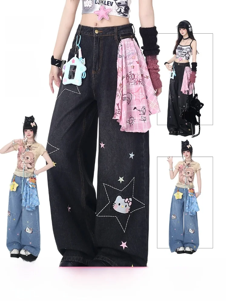 

Crazygirl High Waist Wide Leg Jeans Card Package Design Spring Summer Girls Loose Fit Embroidered Star Pattern Long Pants