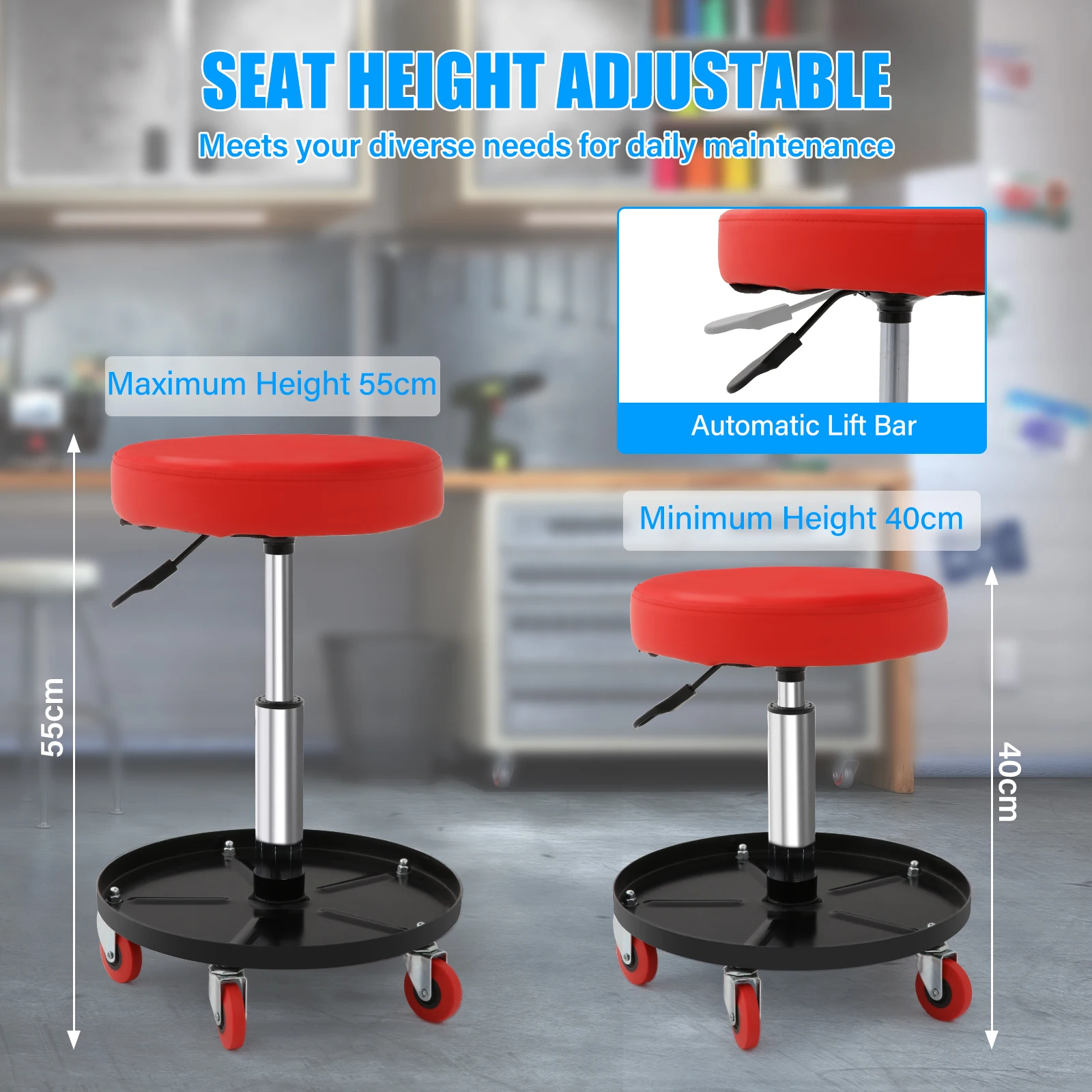 Taburete taller mecánico regulable 40-55cm, giratorio 360°, bandeja portaherramientas, ruedas móviles, asiento piel sintética impermeable, carga 113kg taller automoción