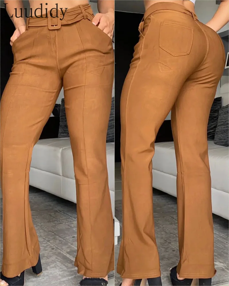 Women Casual Solid Color High Waist Flare Leg Pants with Belt