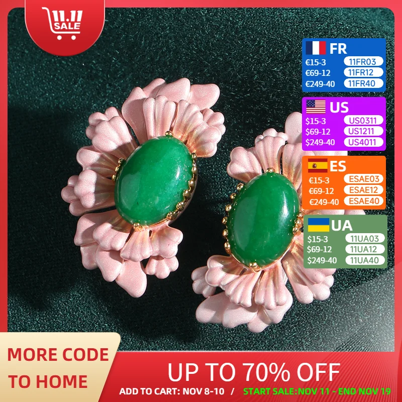 

Vintage Pink Earrings Studs Enamel Half Flower Emerald Green Agate Antique Gold Color Luxury Designer Jewelry Woman Accessories