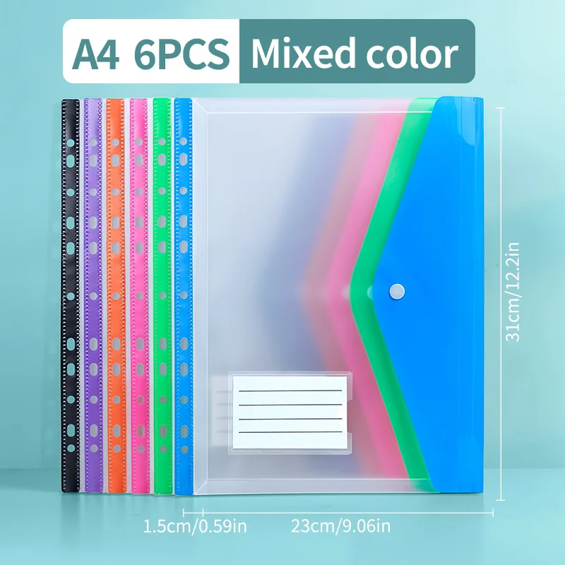 Huajie [6-Piece Set of Large-Capacity File Folders] 6-Piece Set of Mixed-Color A4 Large-Capacity Loose-Leaf File Folders, with 11-Hole Binding Rings, Modern Pp Material, Expandable Button and Label Pockets, Suitable for School, Home, Office, Attendance, Travel - Portable Design