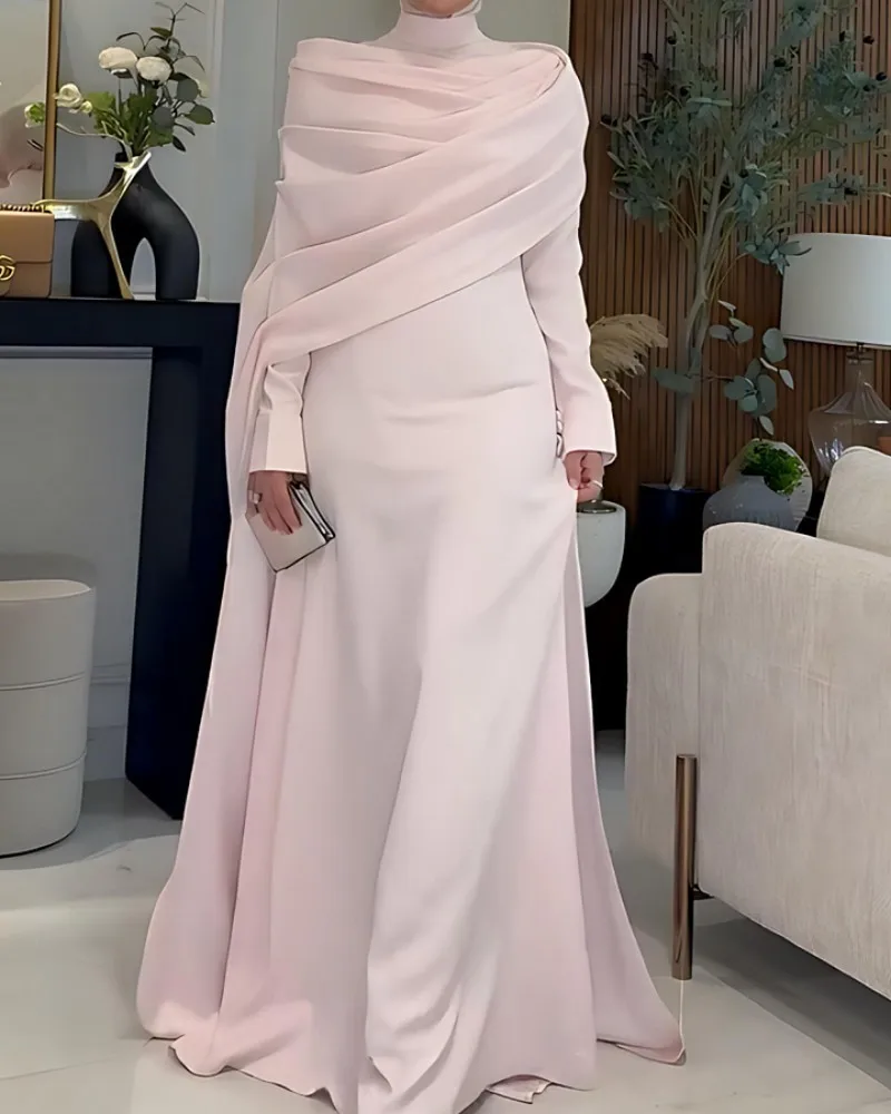 2025 Roze Bescheiden Abaya Jurk Dames Hoge Hals Lange Mouw Wrap Ontwerp Formele Avondjurk Moslim Elegante Maxi Jurk