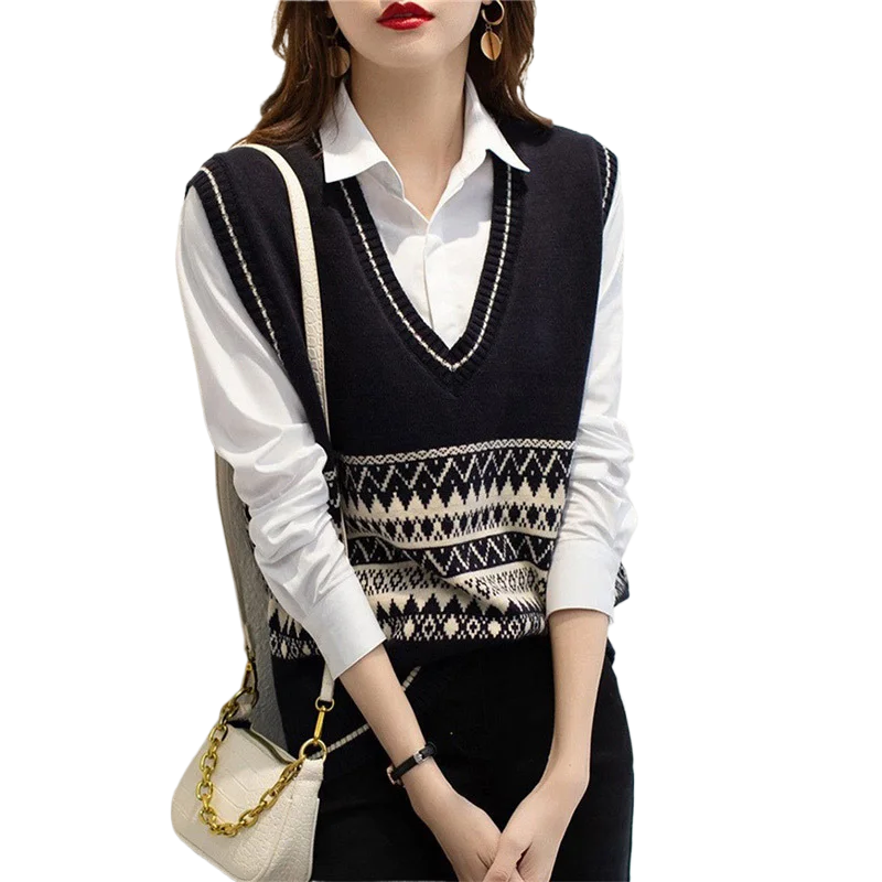 

Модный жаккардовый вязаный свитер с v-образным вырезом и цветными блоками, женский жилет, весенне-осенний свободный топ без рукавов, аксессуары для одежды