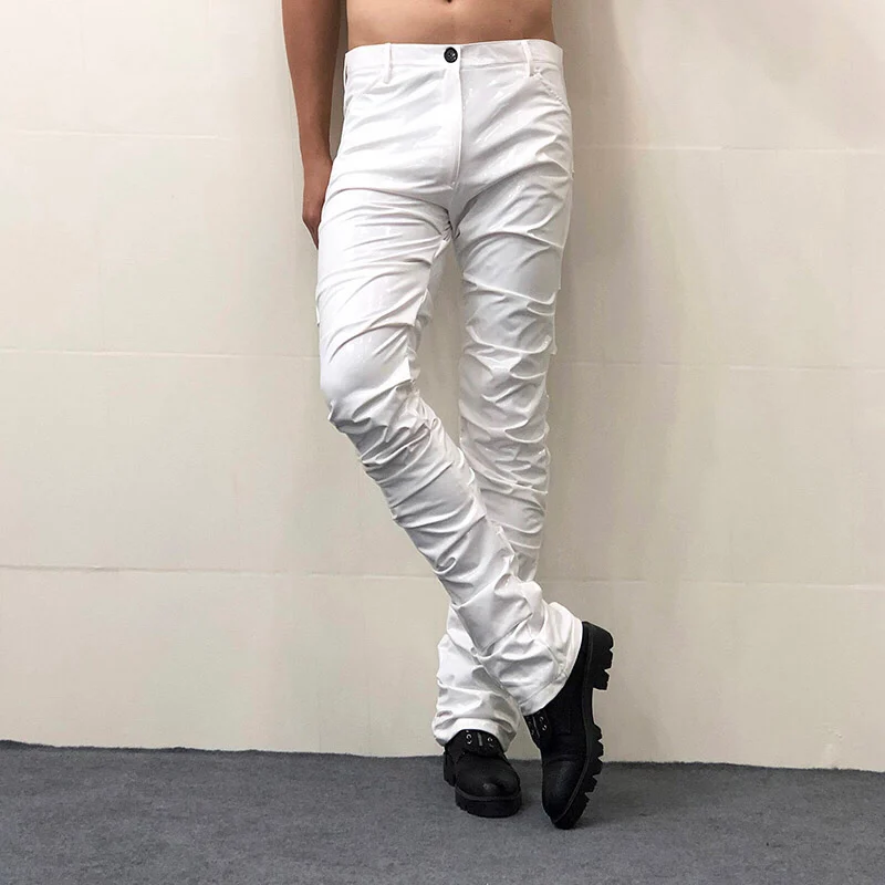 Men's Slim Fit PU Leather Motorcycle Pants Black Silver Pleated Elastic Waist Tight for Singer Dancer Stage Nightclub Costume ﻿