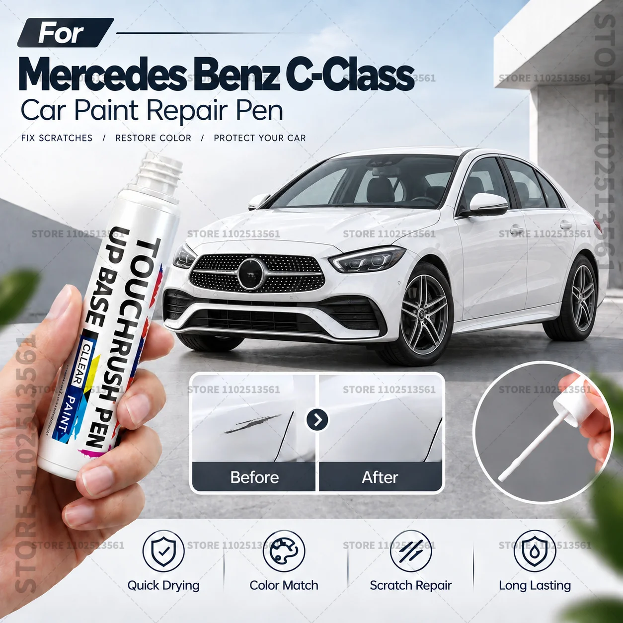 For Mercedes Benz C-Class White Black Grey Blue Silver Red Touch Up Paint Pen Auto Scratch Repair Paint Brush Quick Fix Tool