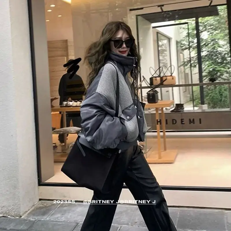 Cotton-Padded Jacket Korea Women Striped Patchwork Large Pockets Patchwork Flight Suit New Zipper