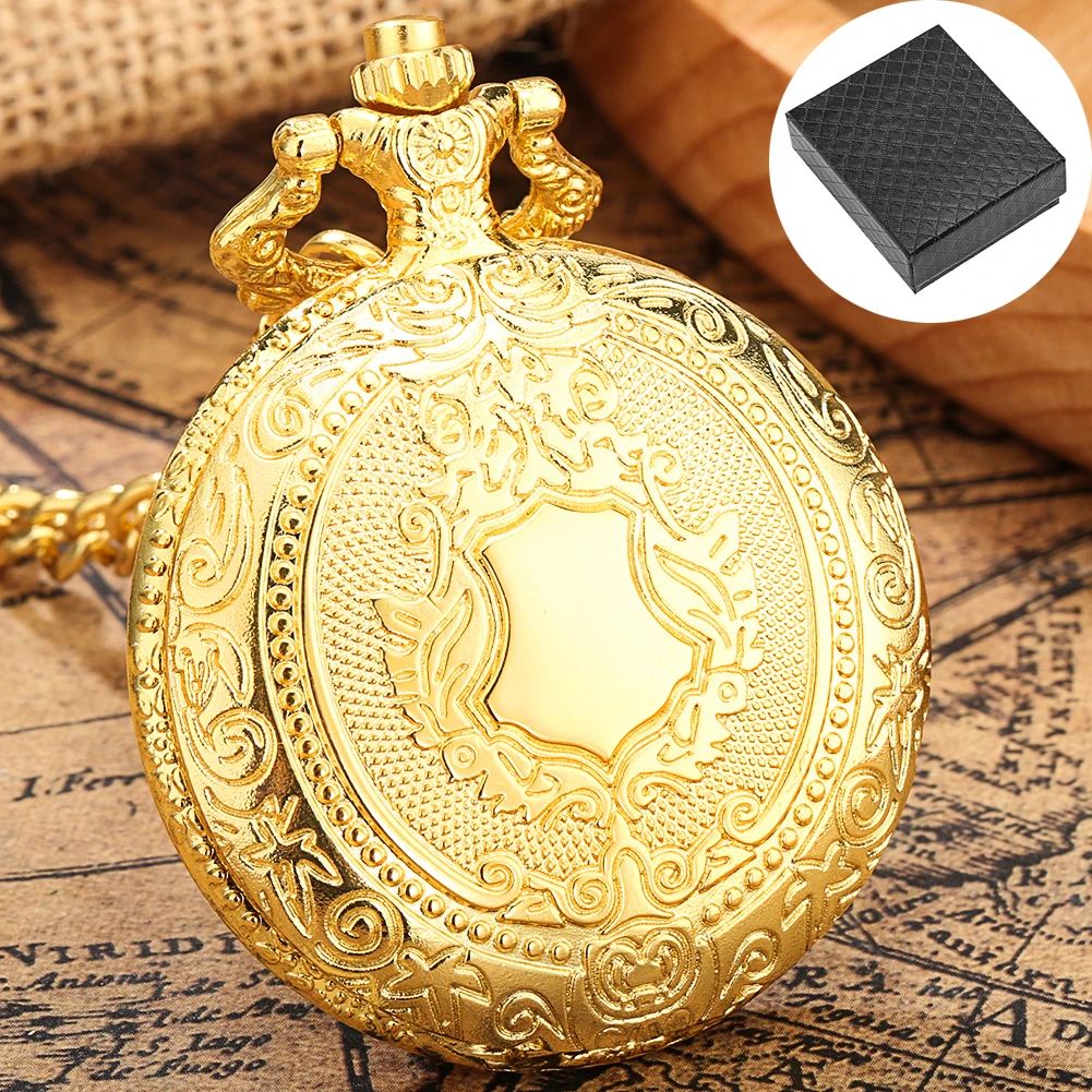 

Vintage Gift Pocket Clock Gold/Silver Shield Pattern Full Hunter Watch Case Quartz Pocket Watch with Watch Box Pendant Necklace