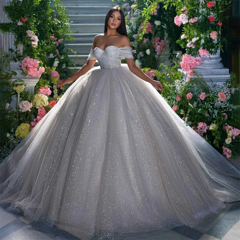 Luxury Shiny Sequined Wedding Dresses Elegant Off The Shoulder Tulle Fluffy Pleated Ball Gowns Draped Princess Bridal Dresses