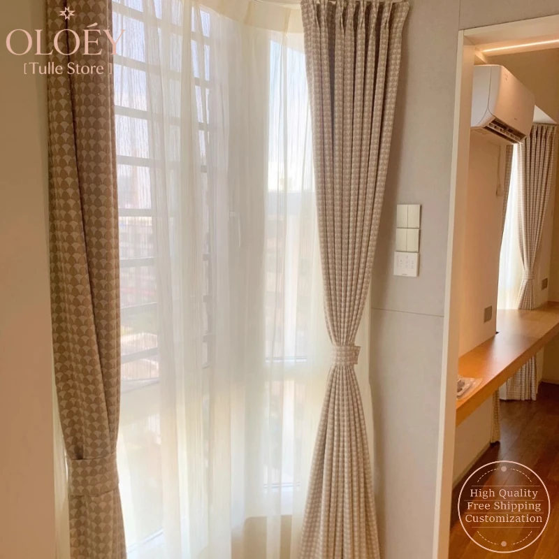 

Beige Textured Sheer Curtains Handwoven Yarn Panels Translucent Voile Drapes for Balcony Living Room Japanese Minimalist Style