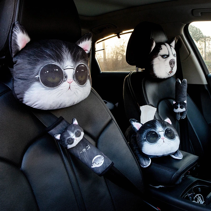 Cute Dog Cat Car Headrest Interesting Car Neck Pillow Safety Seat Belt Shoulder Cover Pad Men Women Girls Car Accessories