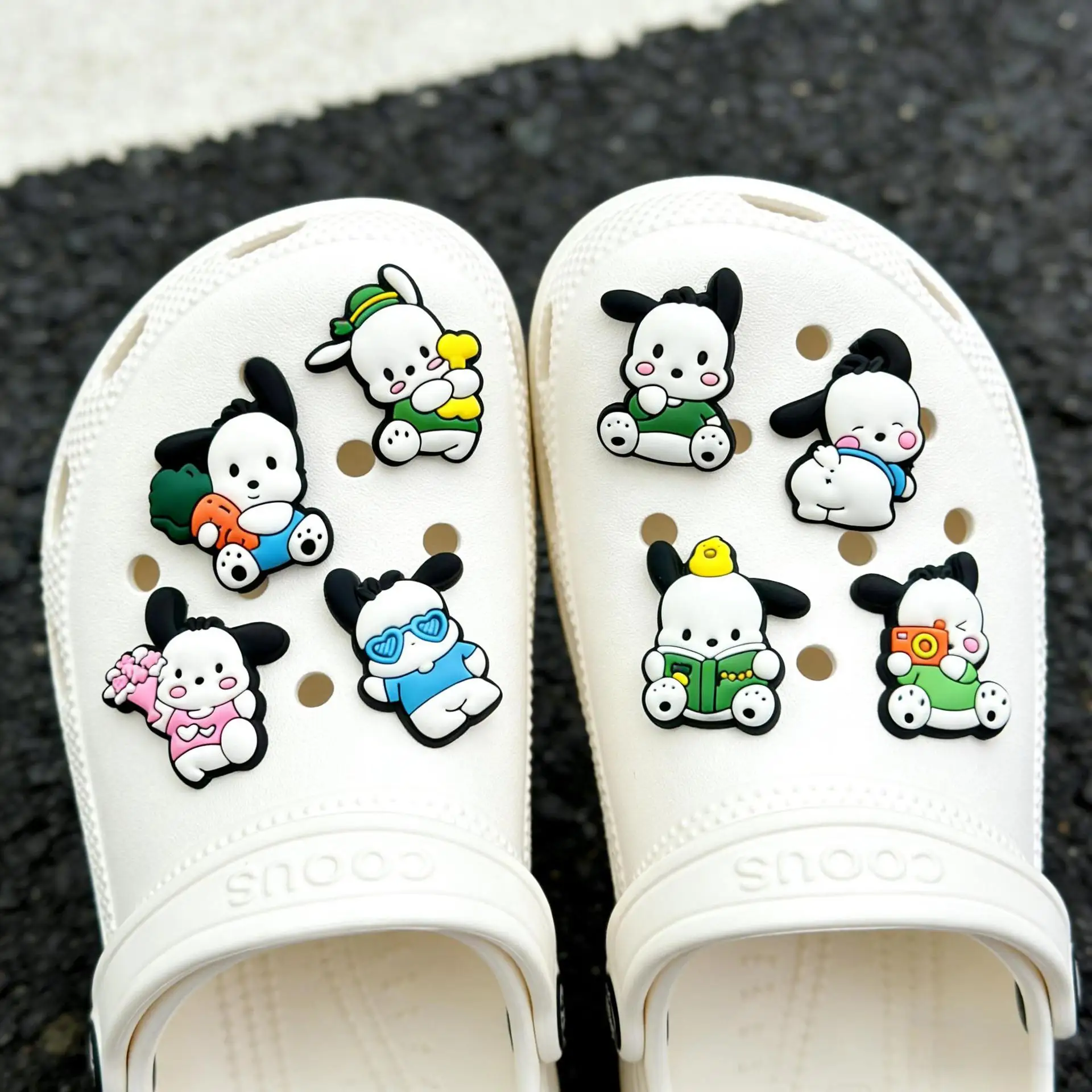 12Pcs Set Cute Cartoon Dog Pochacco Rubber PVC Shoe Charms For Slides Sandals DIY Custom Accessories Soft Shoe Clog Pins Studs