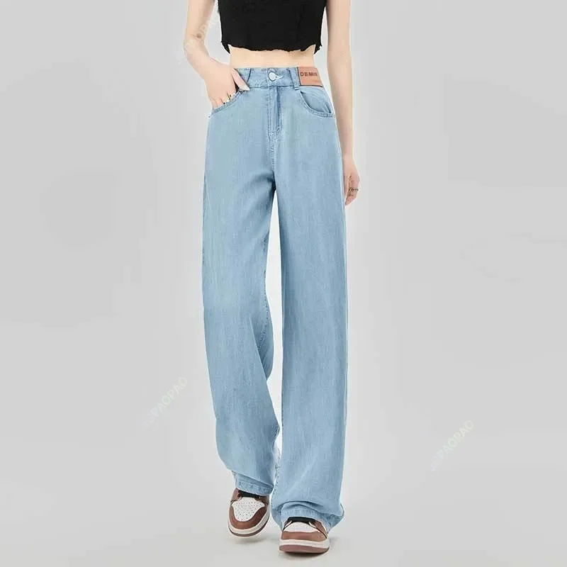 Softened Thin Jeans Women's New Summer High Waist Straight Drop Ice Silk Trousers Korean Wide Leg Denim Pants Visual Long Legs