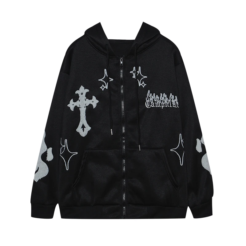 2024 European and American Autumn/Winter Hoodie Embroidered Cross Flame Coat Plush Couple Loose Top Sweater