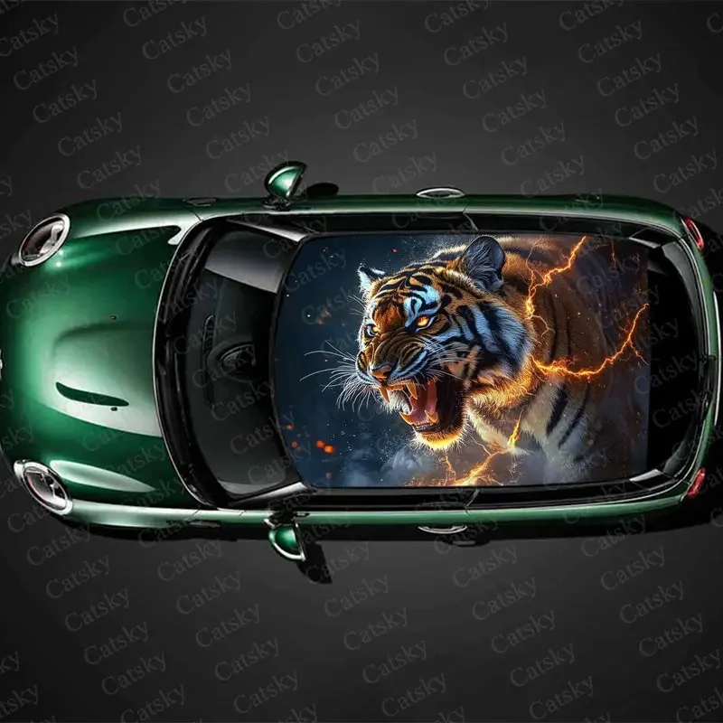 

Angry Tigers Burning Flames Print Car Roof Sticker Wrap Racing SUV Auto Accessories Packaging PVC Car Hood Graphic Decal Decor