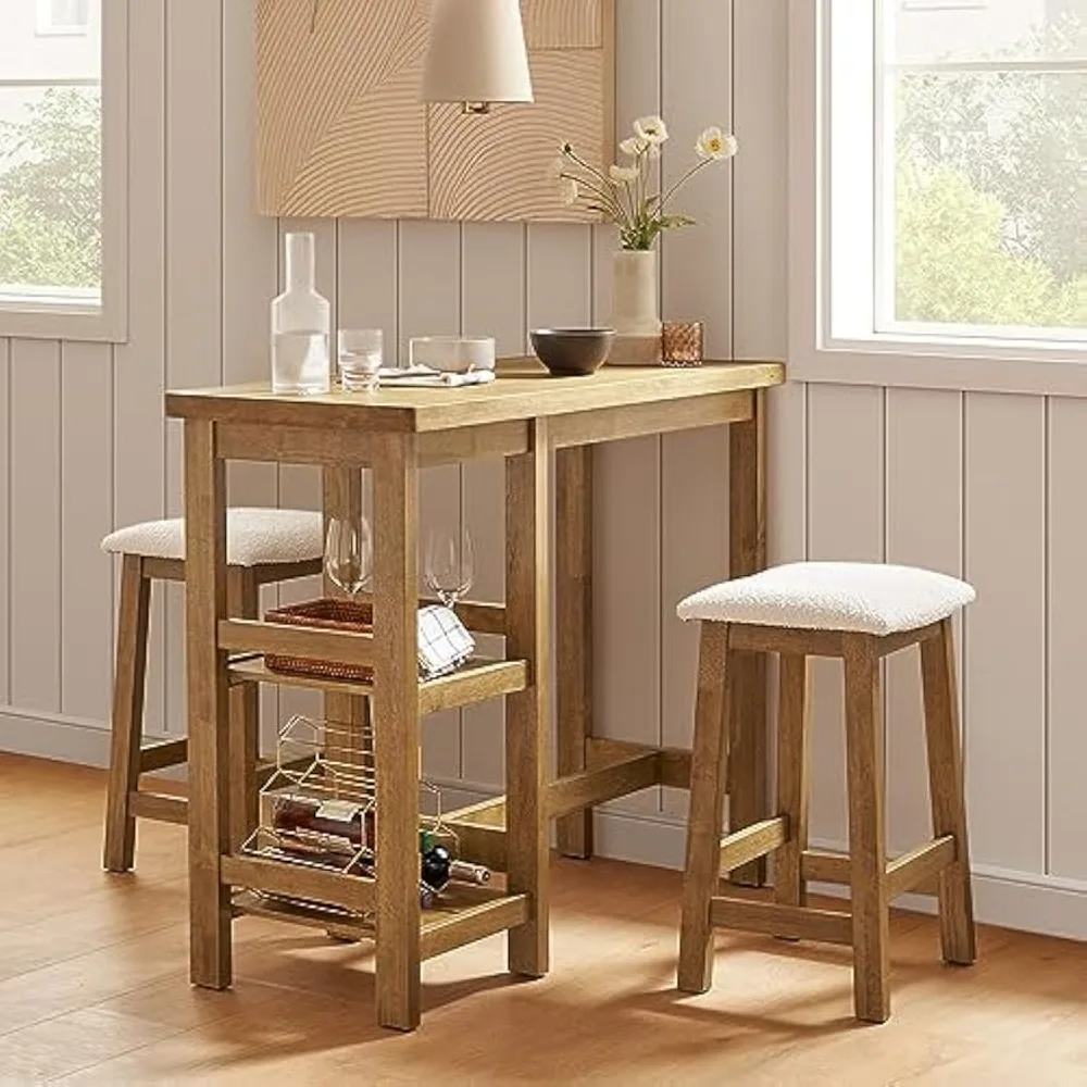 

Kelly Solid Wood Counter Table Set with 2 Boucle Stools, 3-Piece Small Dining Kitchen Island Table Set for 2, with Storage Shel